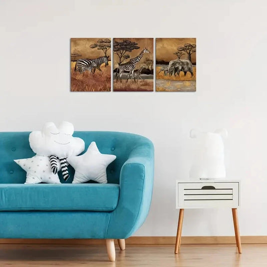 3pcs Mom and Baby Zebra Giraffe Elephant Metal Print Ready to Hang Art