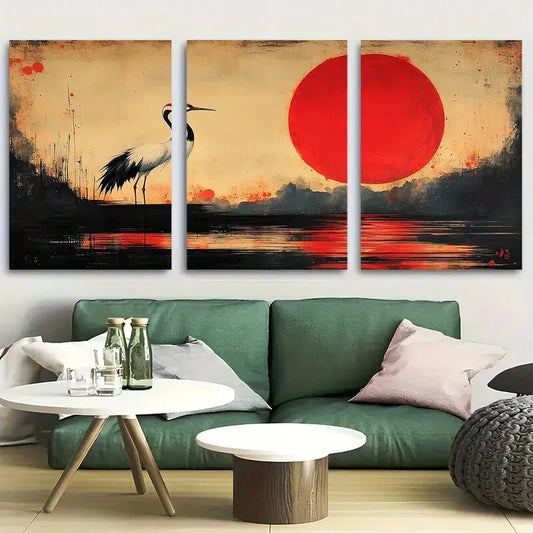 3pcs Japanese Crane Traditional Sumi e Design Metal Print Ready to Hang Art