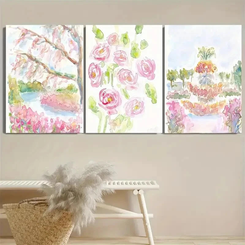 3pcs Vibrant Pastel Pink Eclectic Flower Design Metal Print Ready to Hang Art