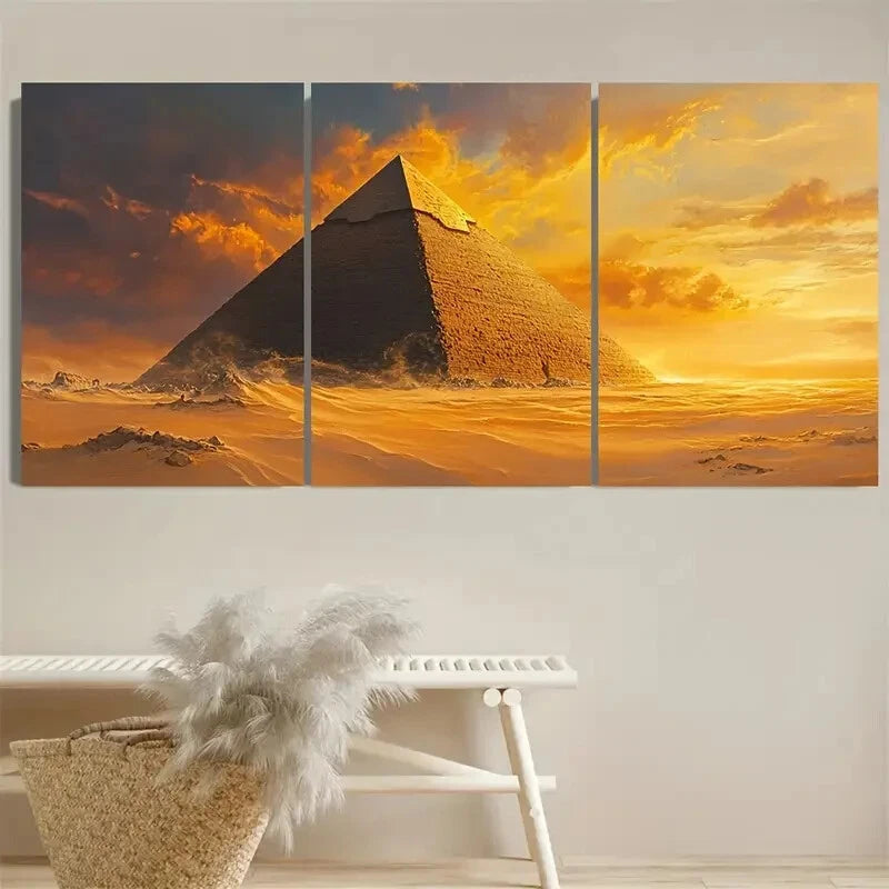 3pcs Vibrant Pyramid Sands of Egypt Metal Print Ready to Hang Art