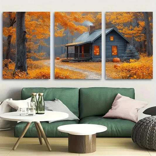3pcs Autumn Cabin with Countryside Scene Metal Print Ready to Hang Art