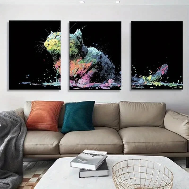 3pcs Vibrant Abstract Cat Modern Ink Splash Metal Print Ready to Hang Art