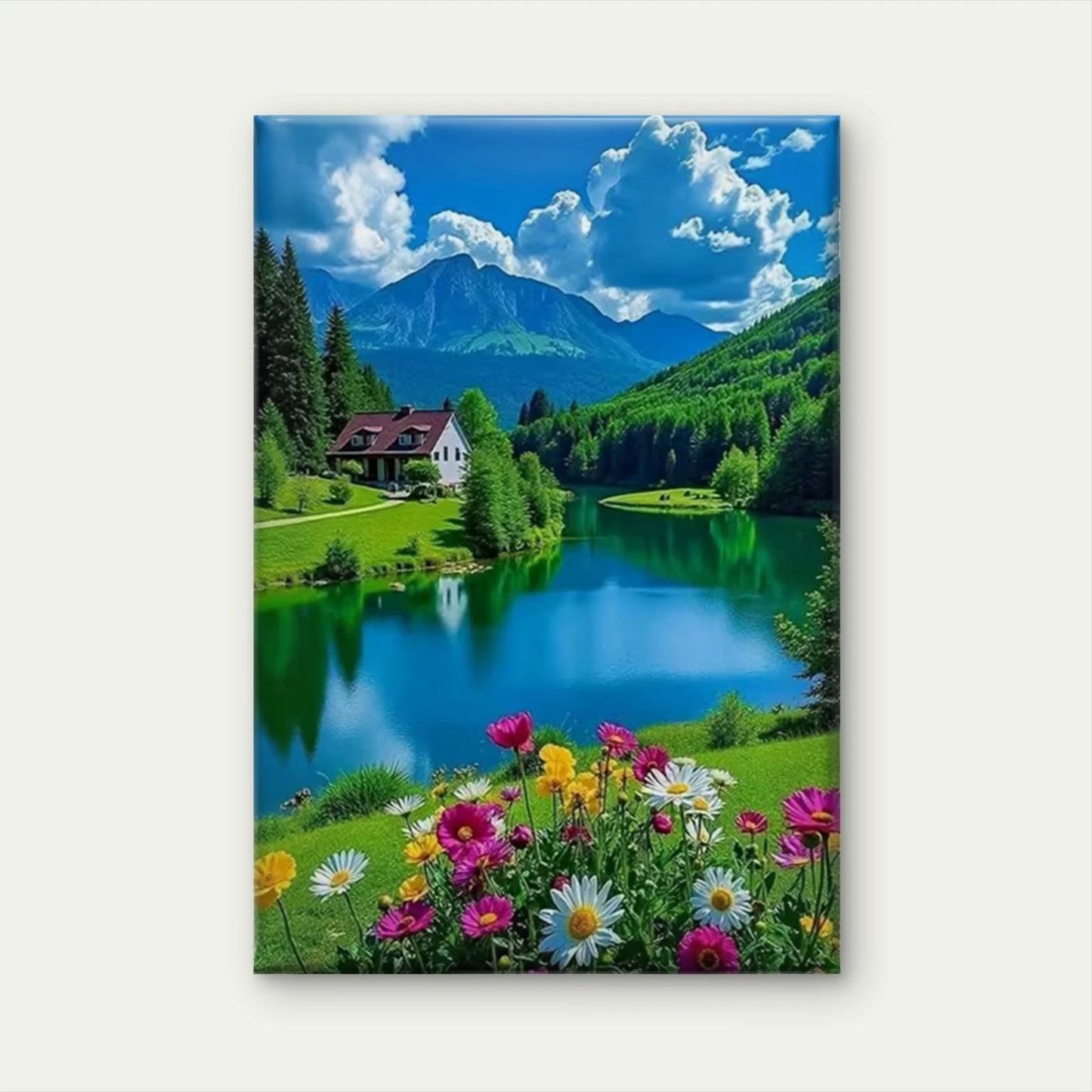 Lakeside House with Flower Bed Metal Print Ready to Hang