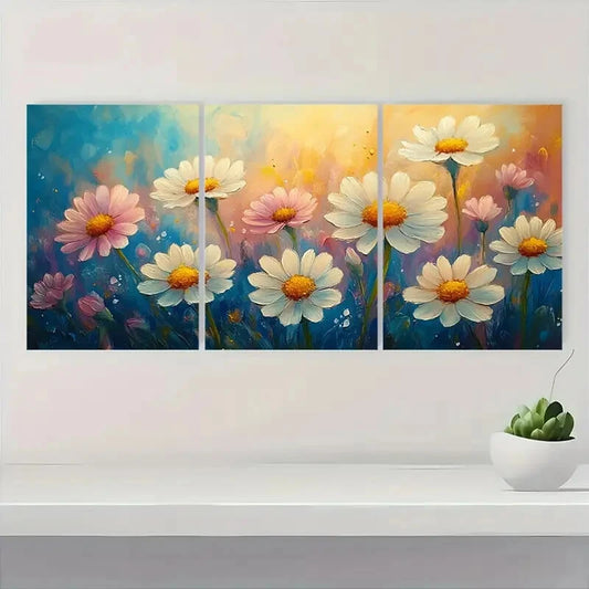 3pcs Vibrant Wildflower Designs in Blue Yellow Metal Print Ready to Hang Art