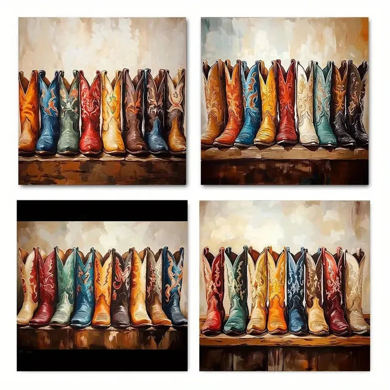 4pcs Vibrant Colorful Boots With Intricate Patter Wall Art Canvas Framed