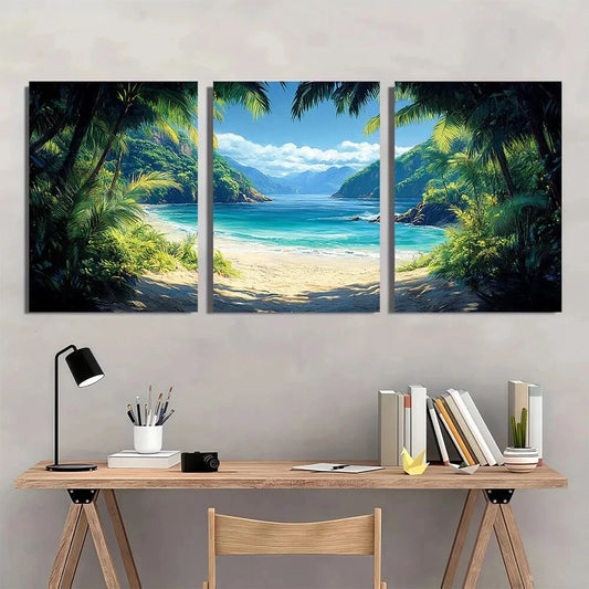 3pcs Tropical Beach Scene Vibrant Cocos Metal Print Ready to Hang Art