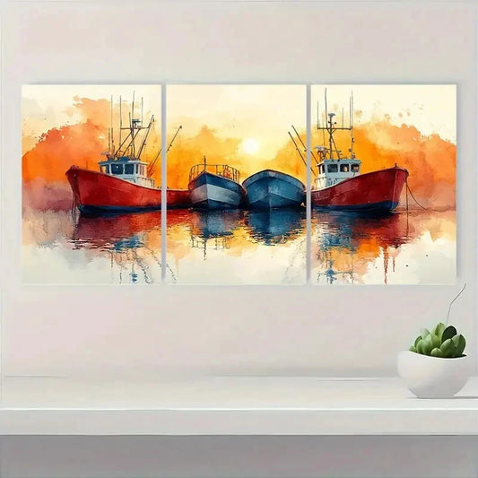 3pcs Watercolor Sailboats & Fishing Boats Metal Print Ready to Hang Art