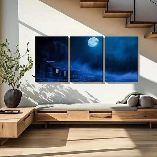 3pcs Moon Trees Mountains Thatched House Wall Art Set Canvas Framed 40x60cm - High Quality Print 100% Australian Made Wall Canvas Ready to Hang