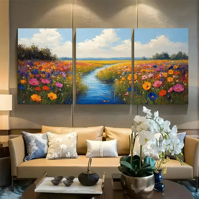 3pcs Wildflower Meadow Stream Scene Metal Print Ready to Hang Art