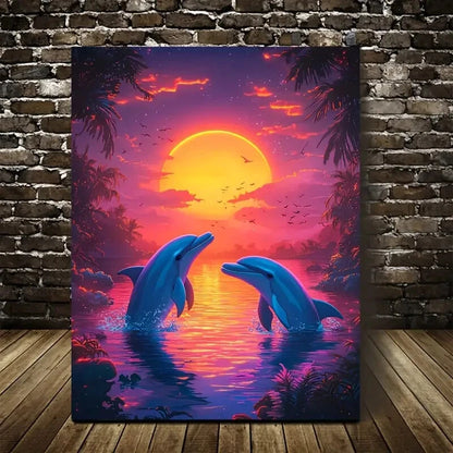 Vibrant Dolphin Sunset Scene with Glowing Orange 40x60cm Metal Print Ready to Hang