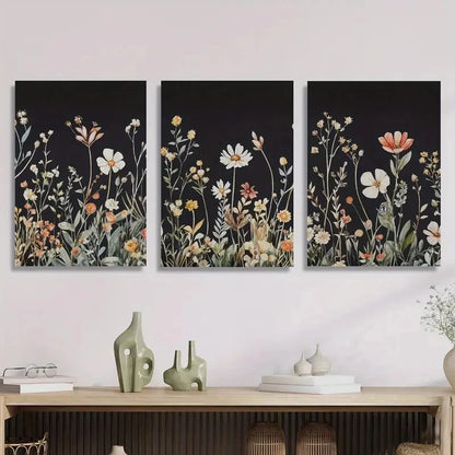 3pcs ,simple floral decorative art on black back Metal Print Ready to Hang Art