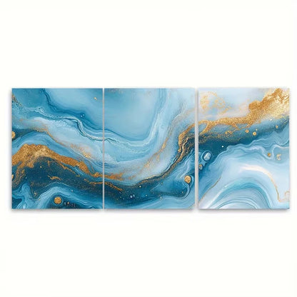 3pcs Blue Marbled Art with Golden Accents Abstract Metal Print Ready to Hang Art