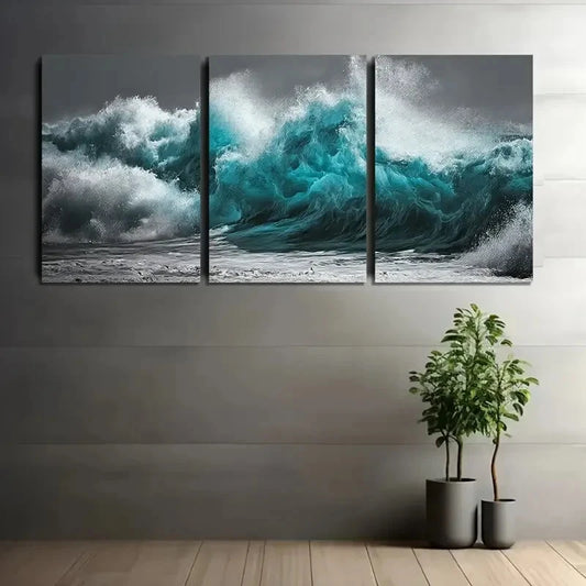 3pcs Massive Wave Crashing on The Shore Wall Art Set Canvas Framed 60x90cm - High Quality Print 100% Australian Made Wall Canvas Ready to Hang