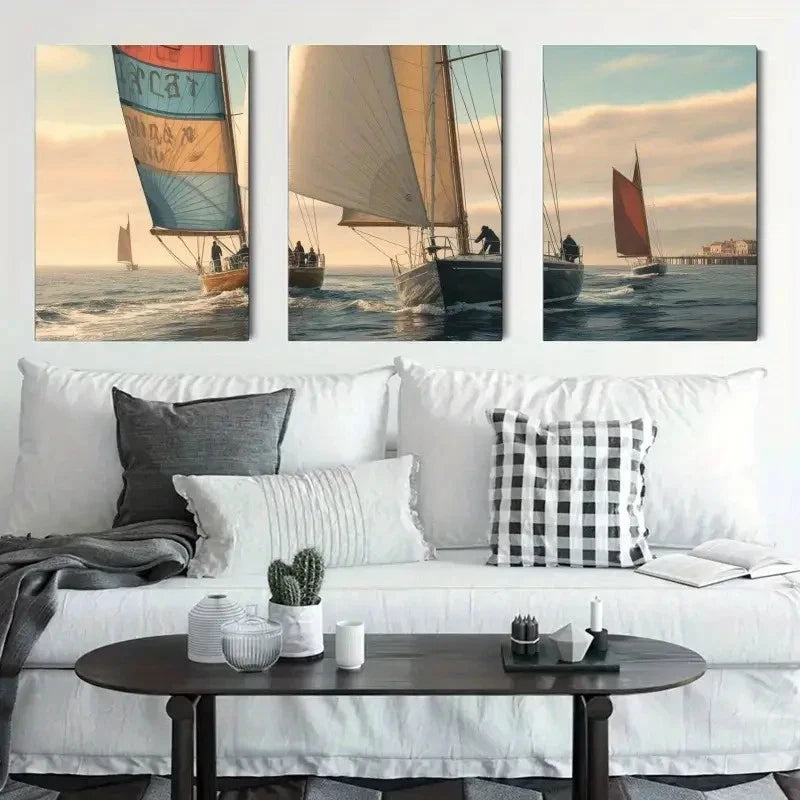 3pcs Sailboats Seascape Decorations Painting Metal Print Ready to Hang Art