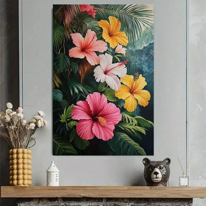 Tropical Hibiscus and Palm Leaf Floral Poster 40x60cm Metal Print Ready to Hang