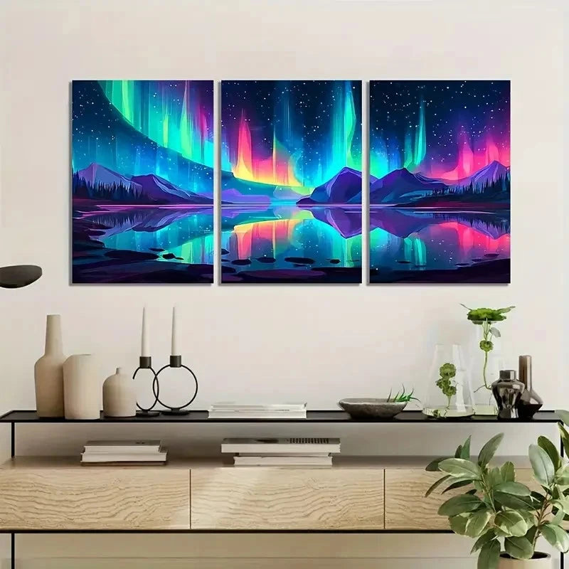 3pcs Colorful Northern Lights Landscape Metal Print Ready to Hang Art