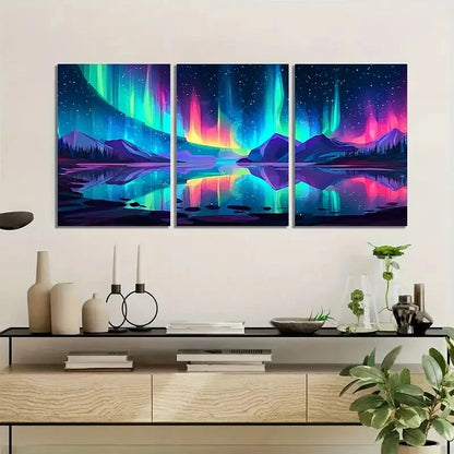 3pcs Colorful Northern Lights Landscape Metal Print Ready to Hang Art