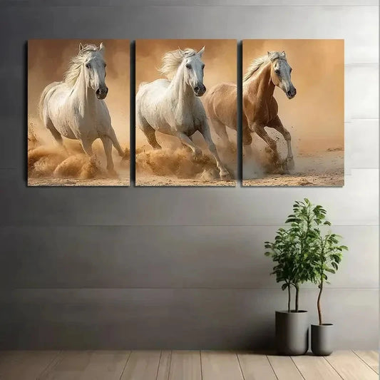 3pcs Three White Horses and One Brown Galloping Metal Print Ready to Hang Art