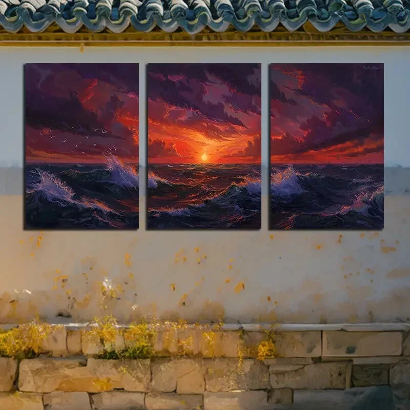 3pcs Ocean with Sunset Illustration Metal Print Ready to Hang Art