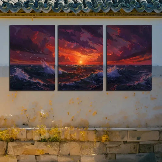 3pcs Ocean with Sunset Illustration Metal Print Ready to Hang Art