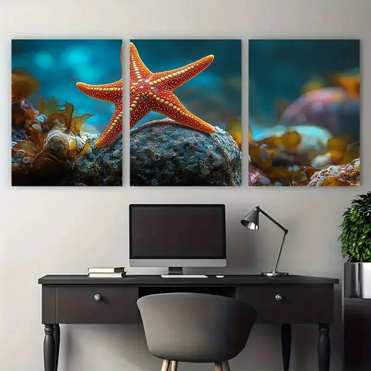 3pcs Red Starfish Detailed Marine Life Metal Print Ready to Hang Art