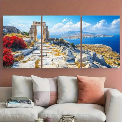 3pcs Vivid Greek Landscape with Stone Arch Metal Print Ready to Hang Art