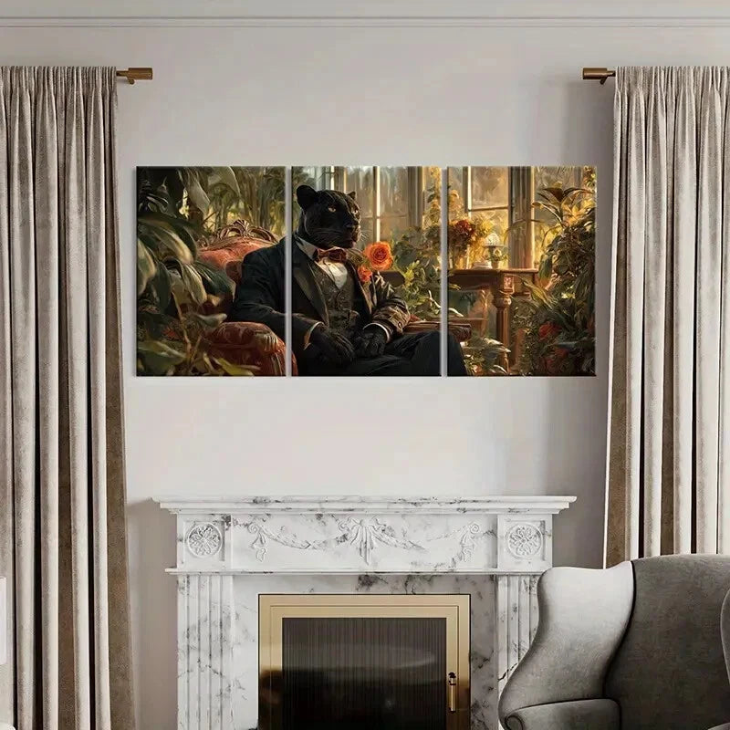 3pcs Elegant Black Panther In Suit Rose Bouquet Metal Print Ready to Hang Art