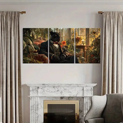 3pcs Elegant Black Panther In Suit Rose Bouquet Metal Print Ready to Hang Art