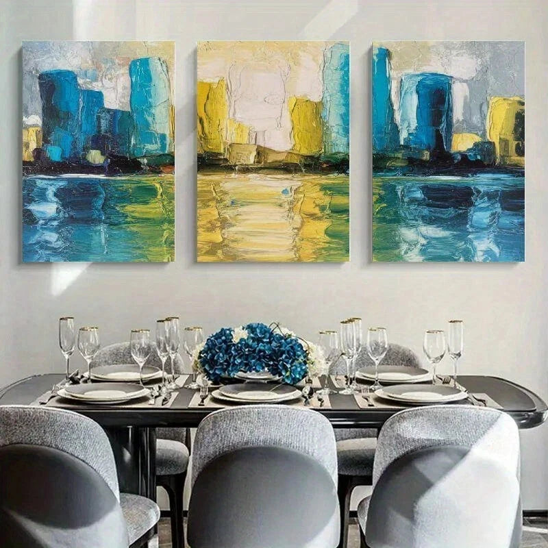 3pcs Abstract Cityscape Vibrant Blue & Yellow Metal Print Ready to Hang Art