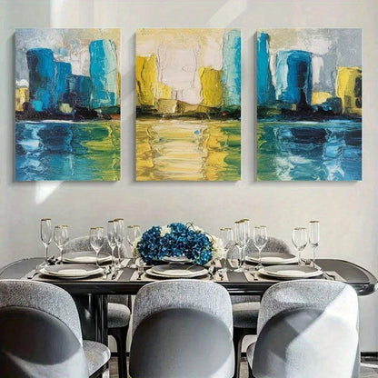 3pcs Abstract Cityscape Vibrant Blue & Yellow Metal Print Ready to Hang Art