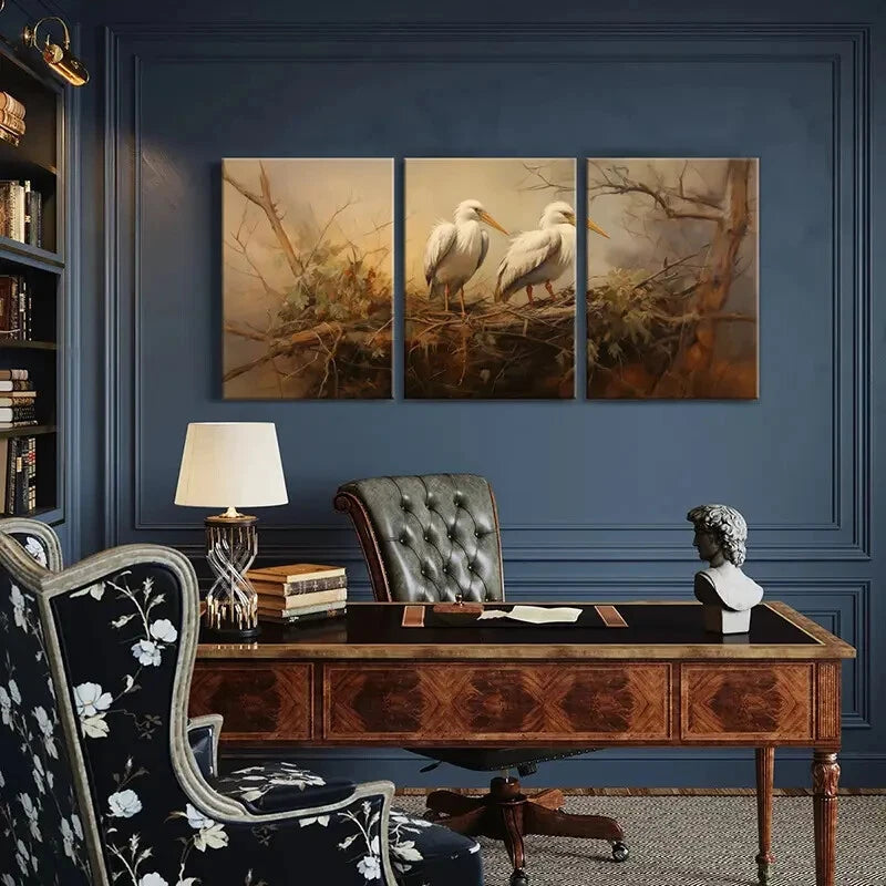 3pcs Egret Nest Tree Branches Animal Art Metal Print Ready to Hang Art