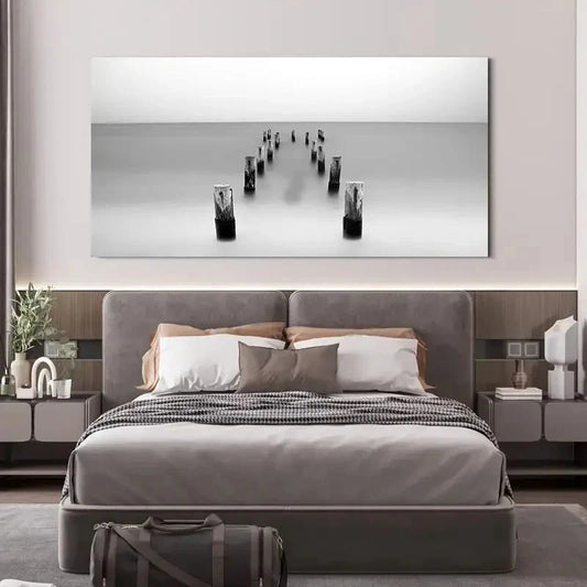 Black And White Minimalist Sea Wall Art Canvas Office Home Room Framed 120x60cm