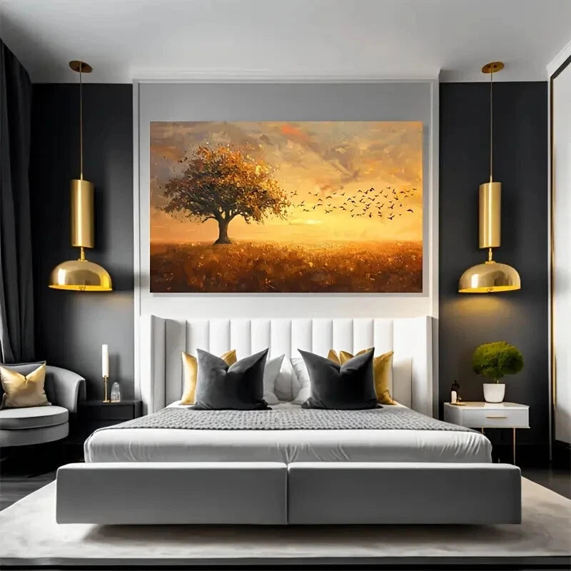 Golden Tree & Birds Sky wall canvas office home room framed 120x60cm