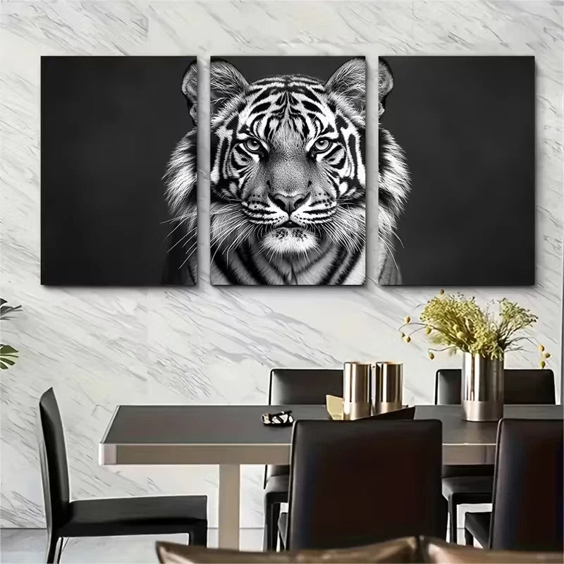 3pcs Black White Photography of Majestic Big Cat Metal Print Ready to Hang Art