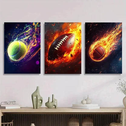 3pcs Tennis, rugby, basketball, simple art Metal Print Ready to Hang Art