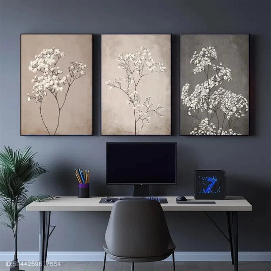 3pcs Small Florals Small White Flowers Gray Metal Print Ready to Hang Art
