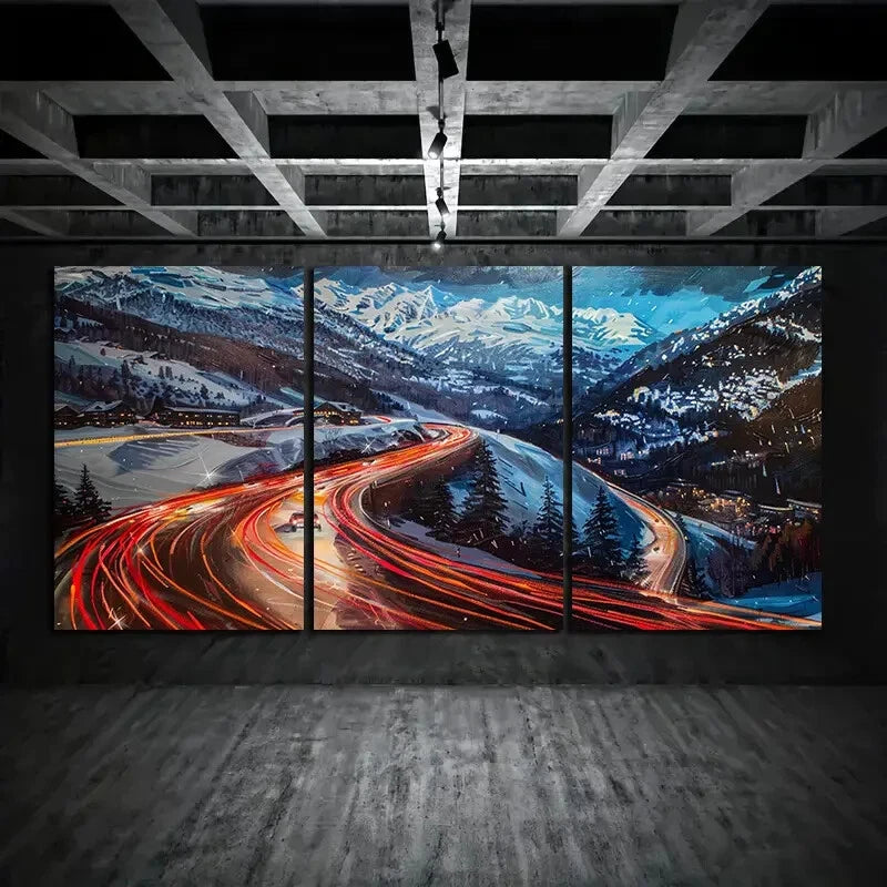 3pcs Mountain Road Night Lights Metal Print Ready to Hang Art