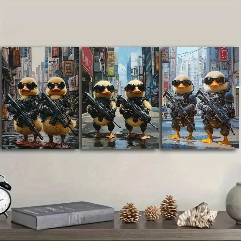 3pcs Two cute baby ducks in cyberpunk armor Wall Art Set Canvas Framed 50x70cm - High Quality Print 100% Australian Made Wall Canvas Ready to Hang