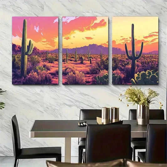 3pcs Vibrant Sunset & Cactus Scene Metal Print Ready to Hang Art