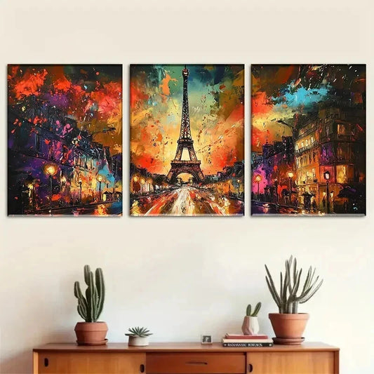 3pcs Abstract Eiffel Tower Nightscape Perfect Wall Art Set Canvas Framed 40x60cm - High Quality Print 100% Australian Made Wall Canvas Ready to Hang