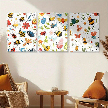 3pcs Whimsical Insect Vibrant Cartoon Bug Patterns Metal Print Ready to Hang Art