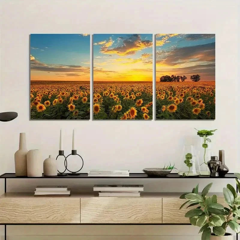 3pcs Vibrant Field of Sunflowers Under Sunset Metal Print Ready to Hang Art