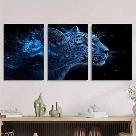 3pcs Striking Blue Eyed Leopard & Roses Metal Print Ready to Hang Art
