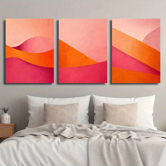 3pcs Vibrant Pink & Orange Abstract Color Field Metal Print Ready to Hang Art