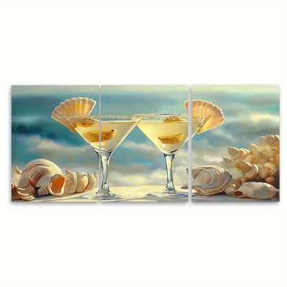 3pcs Seashell Martini Coastal Beach House Metal Print Ready to Hang Art
