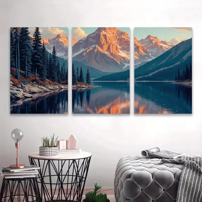 3pcs Mountain Lake Sunset Landscape Wall Art Set Canvas Framed 60x90cm - High Quality Print 100% Australian Made Wall Canvas Ready to Hang