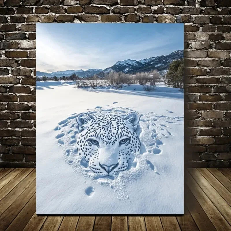 Beautiful Contemporary Leopard in Snow Painting 40x60cm Metal Print Ready to Hang