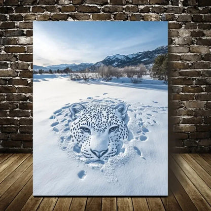 Beautiful Contemporary Leopard in Snow Painting 40x60cm Metal Print Ready to Hang
