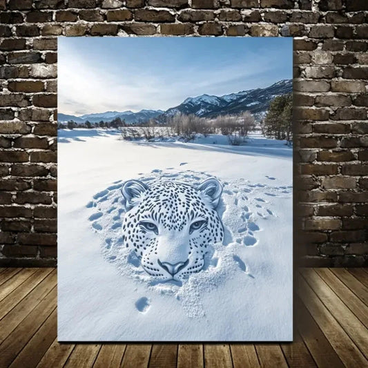 Beautiful Contemporary Leopard in Snow Painting 40x60cm Metal Print Ready to Hang