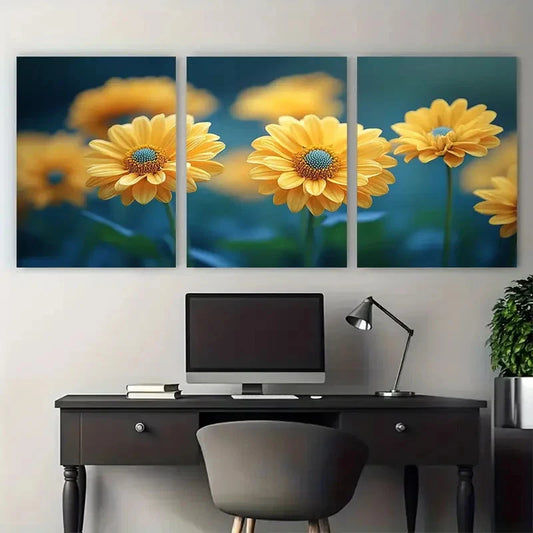 3pcs Bright Yellow Dahlberg Daisy Flower Design Wall Art Set Canvas Framed 60x90cm - High Quality Print 100% Australian Made Wall Canvas Ready to Hang